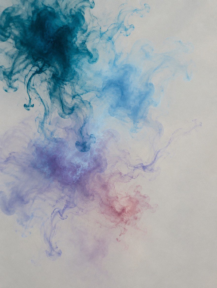 Teal, blue, violet and rose pigment blooming through still water.