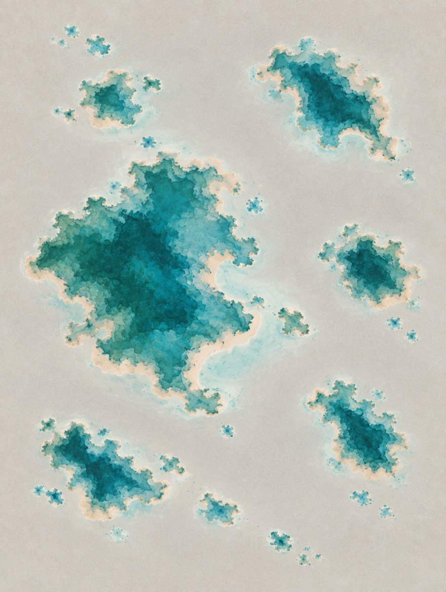 Several tropical islands painted in teal and turquoise ink washes, each ringed by pale shallows and soft sand, with open water between them.
