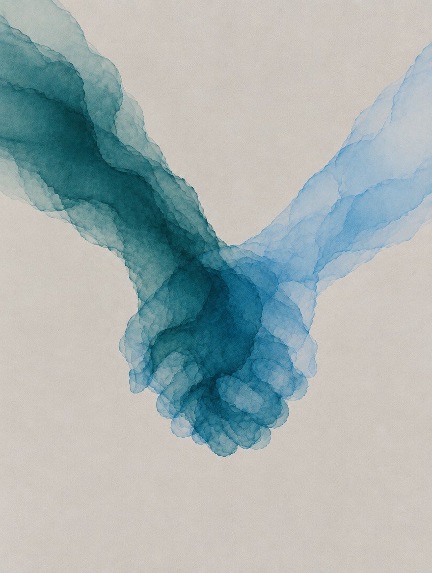 Two hands holding one another, painted in translucent teal and blue ink washes, the colour deepening where they clasp.